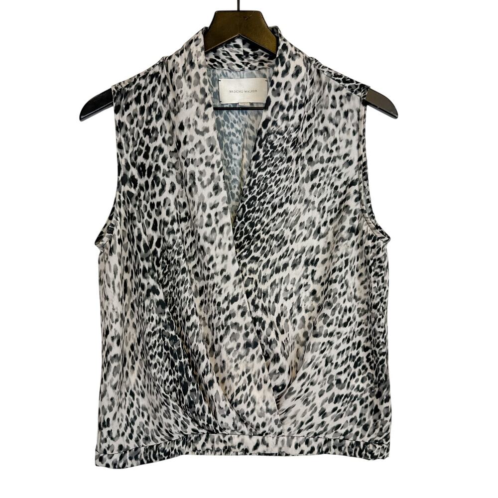 Brochu Walker Draped VNeck Leopard Gray Black Sleeveless Blouse Top - S